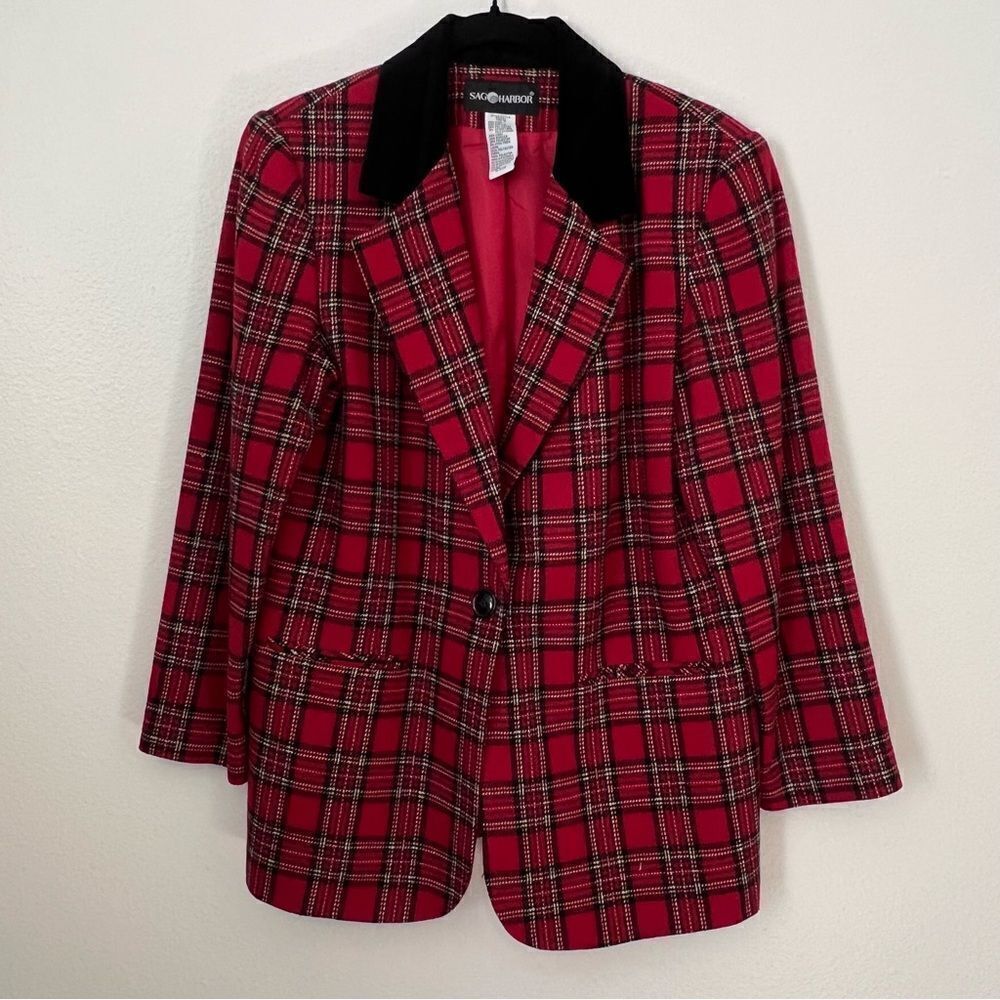 Sag Harbor Blazer Red Plaid Wool Blend Size 10 Black Velvet Collar Career